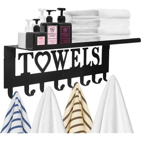 Towel Rack with Metal Shelf  Wall Mounted Towel Holder w/ Hooks (8 Hooks, Black) - Picture 3 of 6